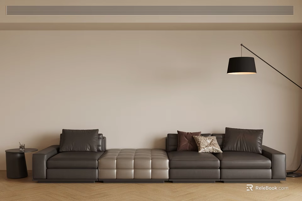 Dark Gray Leather Three Seater Sofa With Decorative Pillows And Side Table 3d model