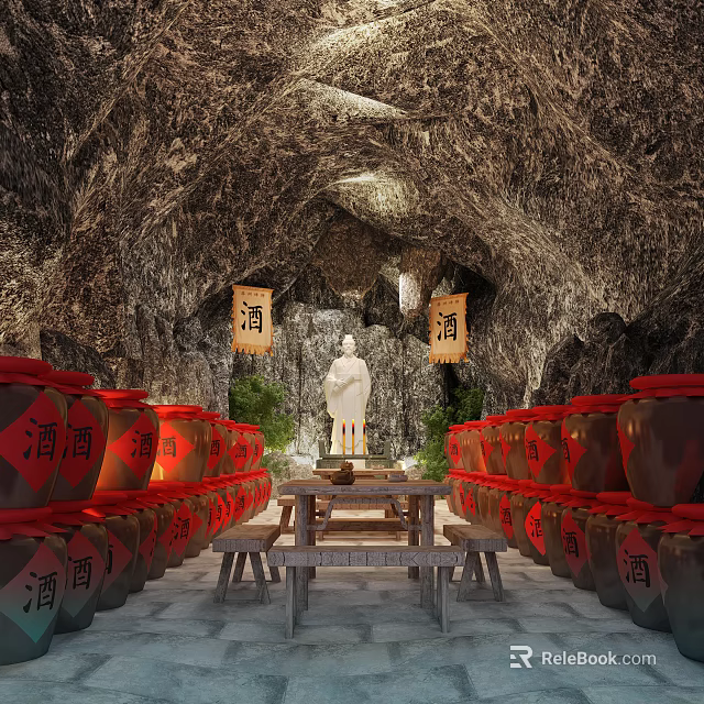 Cave like Wine Cellar with Red Label Wine Jars Statue and Wooden Table Benches 3d model 