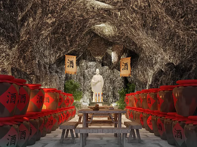 Cave like Wine Cellar with Red Label Wine Jars Statue and Wooden Table Benches 3d model