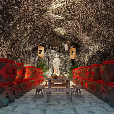 Cave like Wine Cellar with Red Label Wine Jars Statue and Wooden Table Benches 3d model