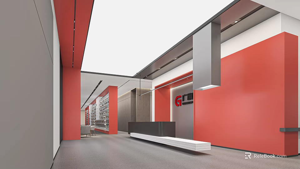 Modern Front Desk Reception Interior With Stylish Counter And Lobby Design 3d model 