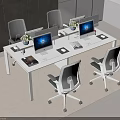 Modern White Office Desk Workspace With Multiple Monitors Ergonomic Chairs And Notebooks