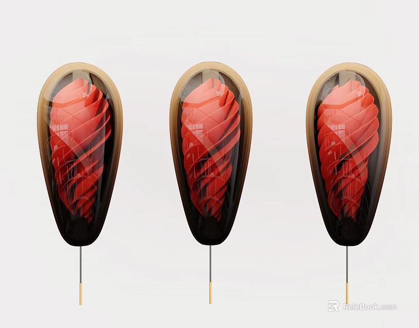 Three Oval Shaped Wall Decor Pieces With Red Spiral Patterns And Metal Rods 3d model