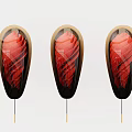 Three Oval Shaped Wall Decor Pieces With Red Spiral Patterns And Metal Rods 3d model