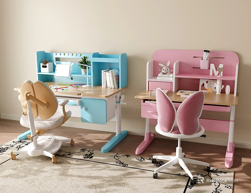 Blue And Pink Children's Desk With Butterfly Wing Chair And Storage Shelves 3d model 