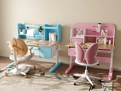 Blue And Pink Children's Desk With Butterfly Wing Chair And Storage Shelves 3d model