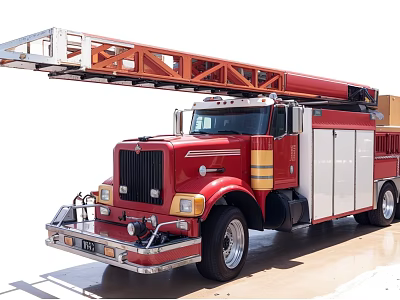 Red and White Fire Truck with Extended Ladder for Emergency Rescue Operations 3d model