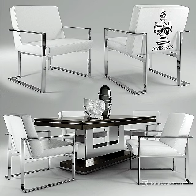 Modern Dining Table Set With Metal Frame And White Upholstered Chairs 3d model