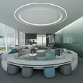 Modern Leisure Area With Round Sofa Circular Coffee Table Ottomans Large Windows Green Plant View
