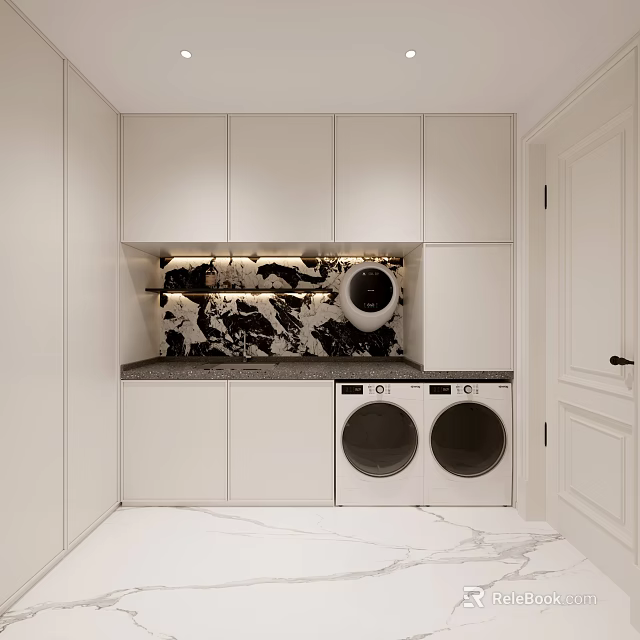Modern Laundry Room Design With White Cabinets Washing Machine Dryer Marble Countertop And Black Backsplash 3d model 