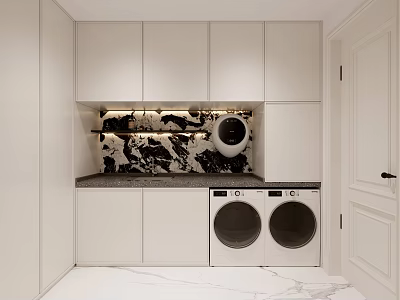 Modern Laundry Room Design With White Cabinets Washing Machine Dryer Marble Countertop And Black Backsplash 3d model