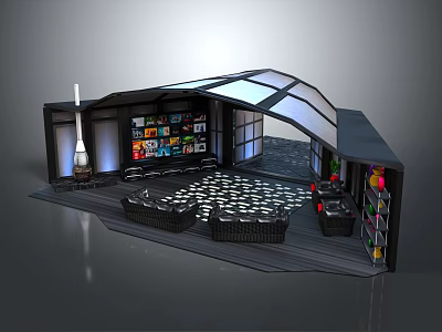 Scenic Modern Indoor Space Landscape Featuring Glass Roof TV Wall Sofa And Circular Floor Lights 3d model