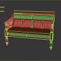 Red Wooden Bench With Intricate Carved Lattice Backrest And Ornate Leg Design