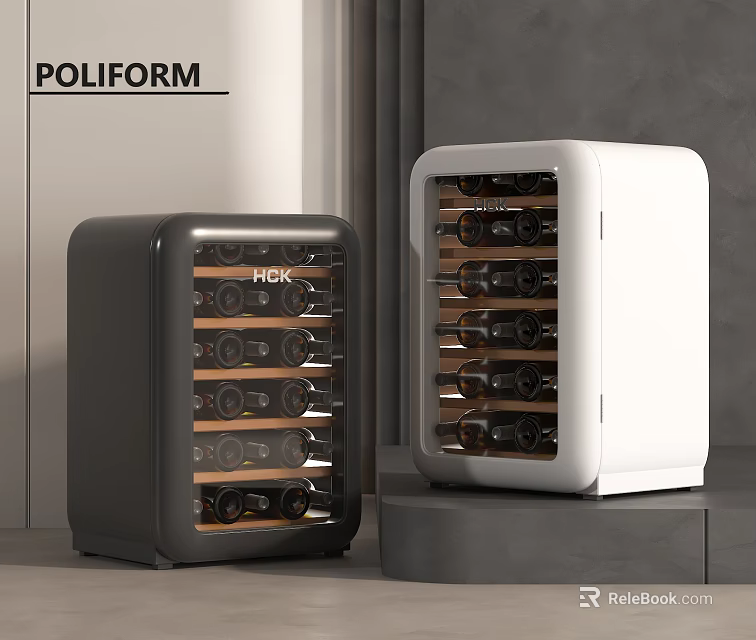 Modern Black And White Wine Coolers With Wooden Racks And Stored Wine Bottles 3d model 
