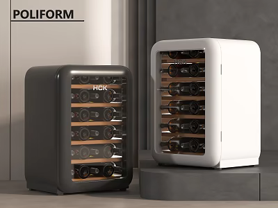 Modern Black And White Wine Coolers With Wooden Racks And Stored Wine Bottles 3d model