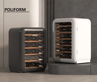 Modern Black And White Wine Coolers With Wooden Racks And Stored Wine Bottles 3d model