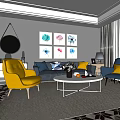 Modern Sofa And Coffee Table Set With Yellow Blue Chairs Wall Art And Patterned Rug