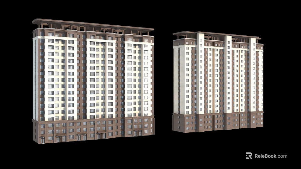 Modern Residential Building Exterior With White Brown Facade Multiple Floors Regular Window Arrangement 3d model 