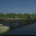 Beautiful Arch Bridge Over River With Green Trees Blue Sky And Wooden Pier