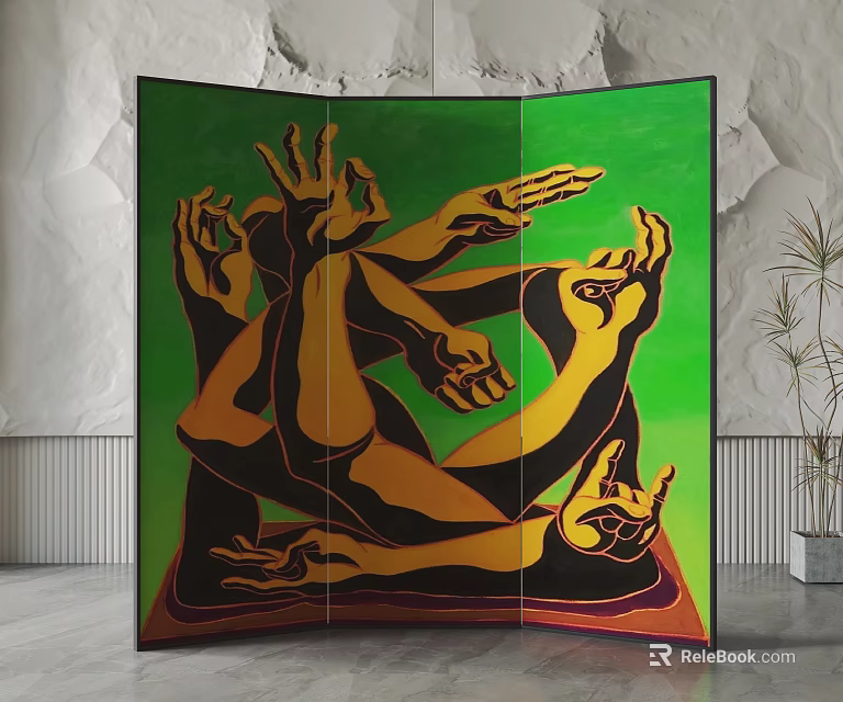 Artistic Decorative Folding Screen Featuring Abstract Intertwined Hands Limbs On Green Background 3d model