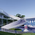 Kids Play Area With Blue Slides Water Elements Green Lawn And Interactive Structures