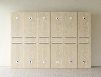 Neatly Arranged Modern Light Wood Storage Lockers With Numbered Doors 3d model