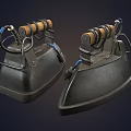 Two Vintage Electric Irons as Classic Household Appliances with Retro Design and Metal Handles