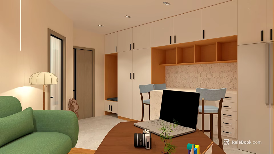 Modern Living Dining Room Interior With Green Sofa White Cabinets And Wooden Elements 3d model 