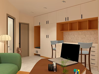 Modern Living Dining Room Interior With Green Sofa White Cabinets And Wooden Elements 3d model