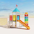 Kindergarten Playground with Colorful Tower Slide and Climbing Net Structure 3d model