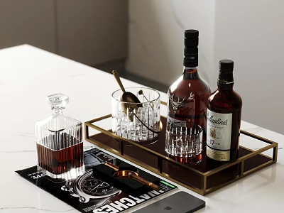 Wine Bottles And Glasses On Golden Tray With Spoon And Magazine On White Table 3d model