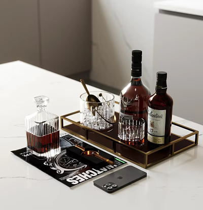 Wine Bottles And Glasses On Golden Tray With Spoon And Magazine On White Table 3d model