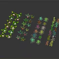 Cartoon Scenes Featuring Various Green Plants With White And Red Decorations