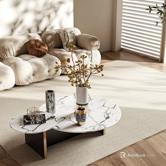 Elegant Modern Marble Coffee Table With Metal Frame And Decorative Vase In Living Room 3d model 