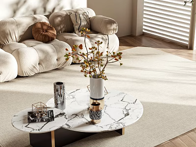 Elegant Modern Marble Coffee Table With Metal Frame And Decorative Vase In Living Room 3d model