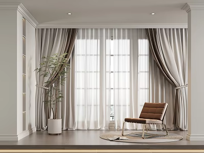 Elegant Light Curtains In Modern Room With Window Chair And Green Plant 3d model