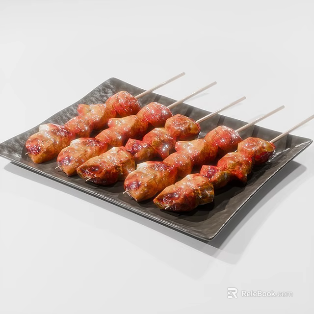 Appetizing Juicy Grilled Meat Skewers with Fresh Vegetables on Black Plate 3d model 