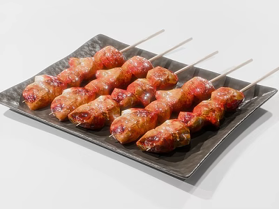 Appetizing Juicy Grilled Meat Skewers with Fresh Vegetables on Black Plate 3d model