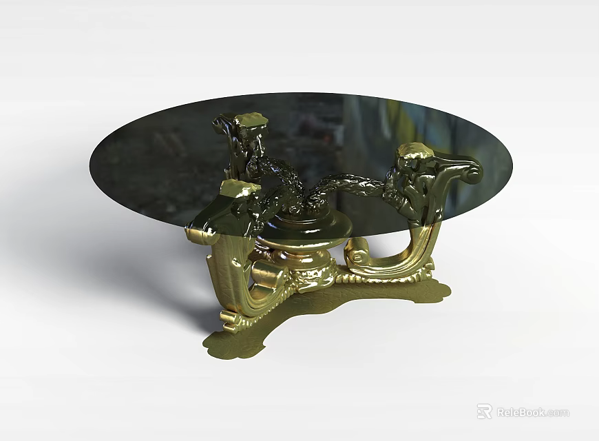 Oval Glass Top Coffee Table Featuring Elegant Gold Decorative Base Design 3d model 