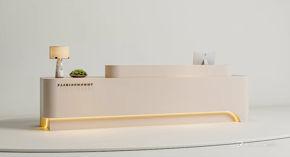 Modern Light Colored Reception Desk With LED Strip Lamp Green Plant And Logo 3d model 