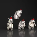 Four White Polar Bear Figurines Wearing Santa Hats On Black Background With Reflections