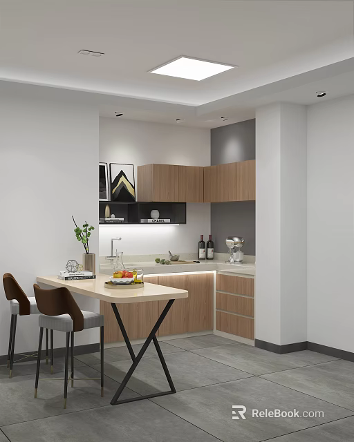 Modern Kitchen Interior Featuring Wooden Cabinets Countertop Dining Table And Decor 3d model