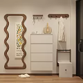 Modern White Shoe Cabinet Interior With Wavy Frame Mirror And Coat Rack