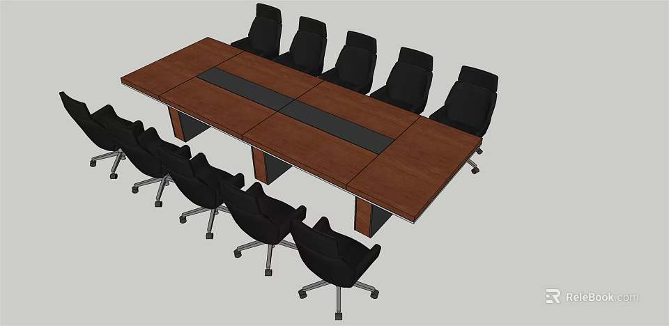 Modern Office Conference Table with Wooden Top Black Center Strip and Black Rolling Chairs 3d model 