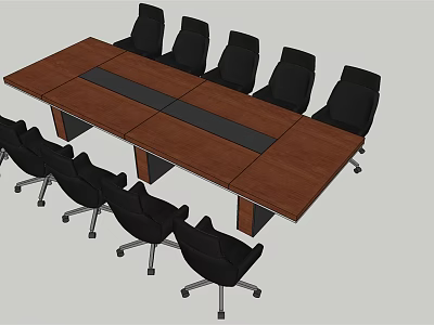 Modern Office Conference Table with Wooden Top Black Center Strip and Black Rolling Chairs 3d model