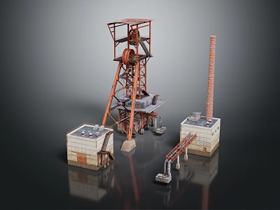 Red Industrial Mine Headframe With Brick Chimney Small Buildings And Tracks 3d model