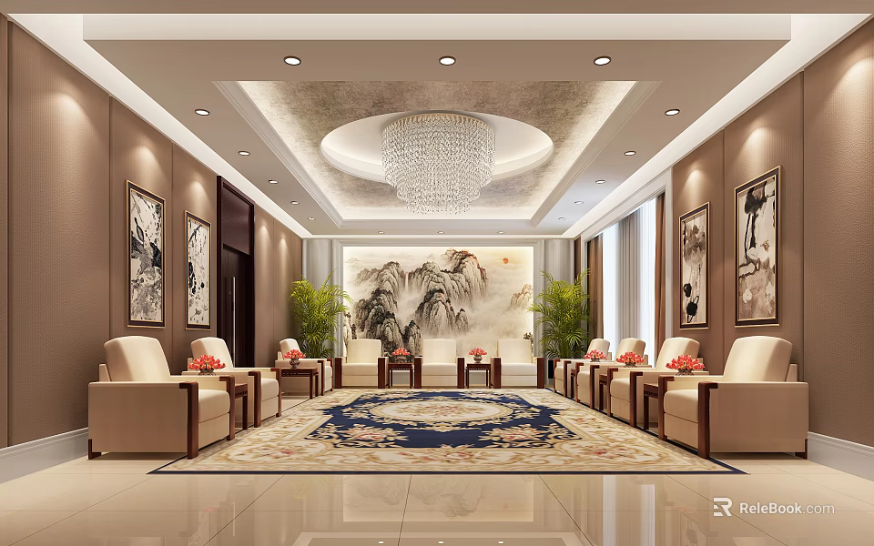 Hotel Public Lounge Featuring Beige Sofas Decorative Rug Landscape Painting and Chandelier 3d model 