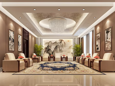 Hotel Public Lounge Featuring Beige Sofas Decorative Rug Landscape Painting and Chandelier 3d model