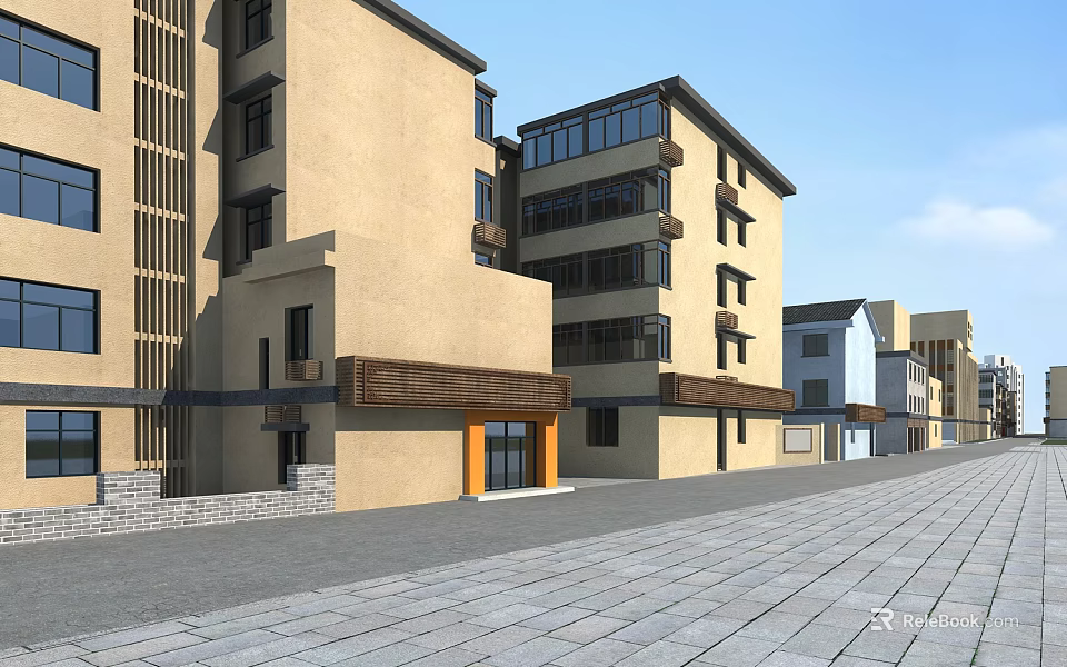 Modern Multi Story Residential Building With Beige Exterior And Street View 3d model 