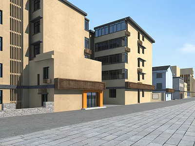 Modern Multi Story Residential Building With Beige Exterior And Street View 3d model